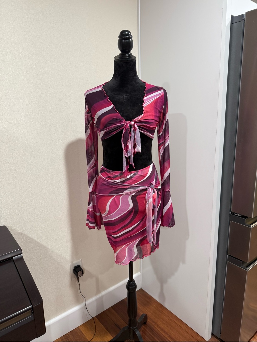 Pink & Magenta Swirl Two-Piece Tie-Front Top and Skirt Set